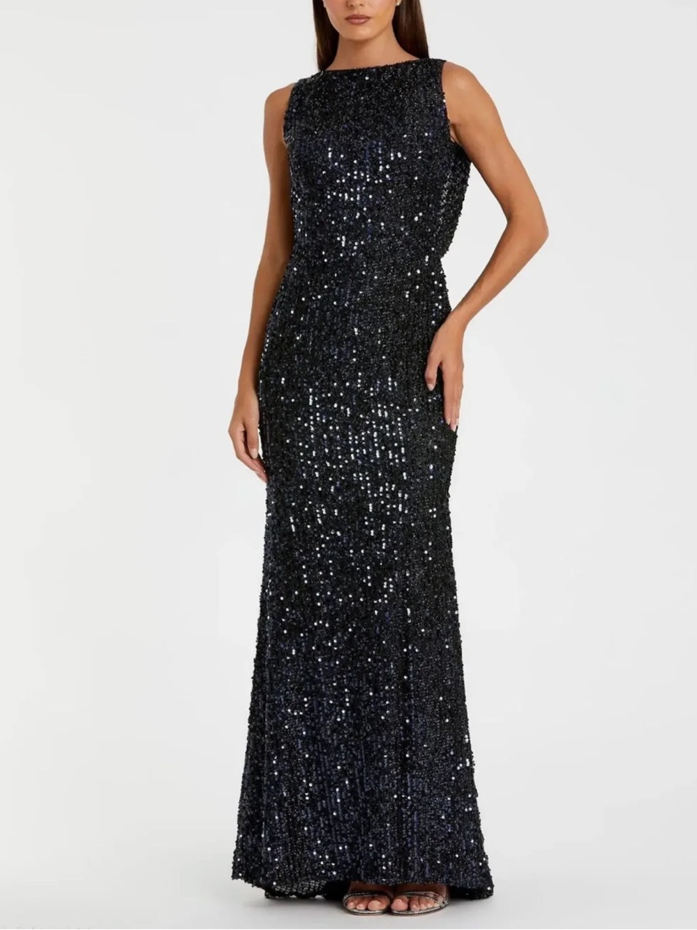 NWOT Ieena Mac Duggal midnight blue sequin cowl back gown